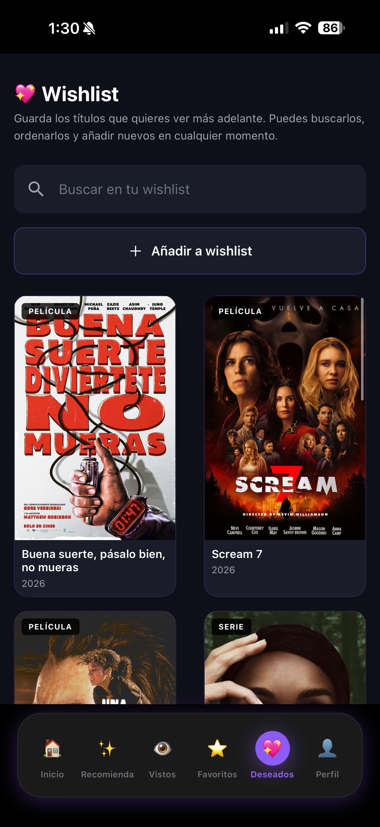 Pantalla de wishlist